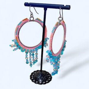Blue and pink Bead work Hoop Earrings